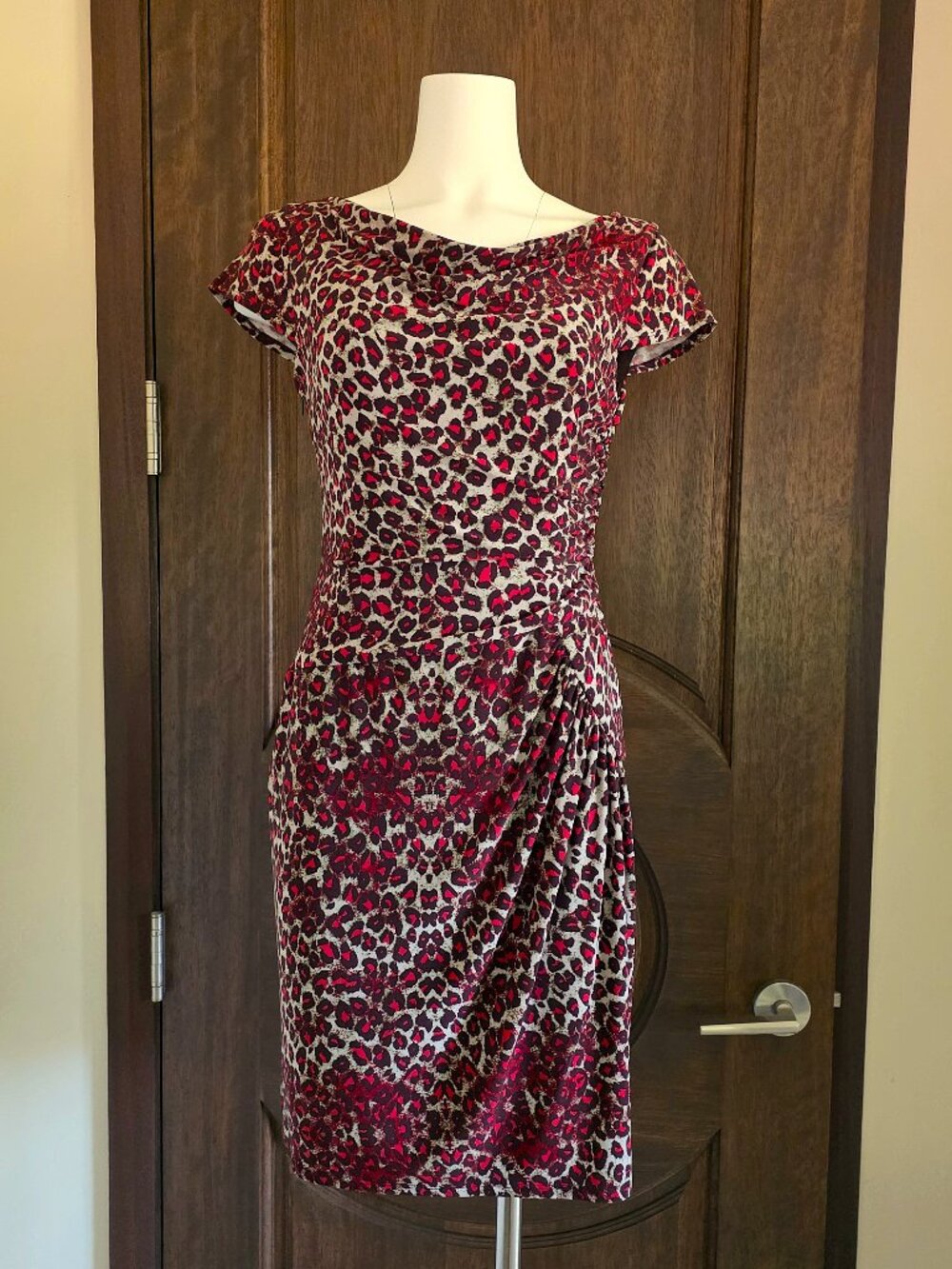 VINTAGE Nine West Size 6 Brown & Red Animal Print Cowl Neck Dress VG Cond.
